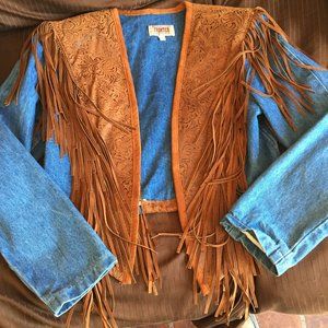 Vintage Phoenix Frontier Clothing Women's Denim/Embossed Leather Jacket